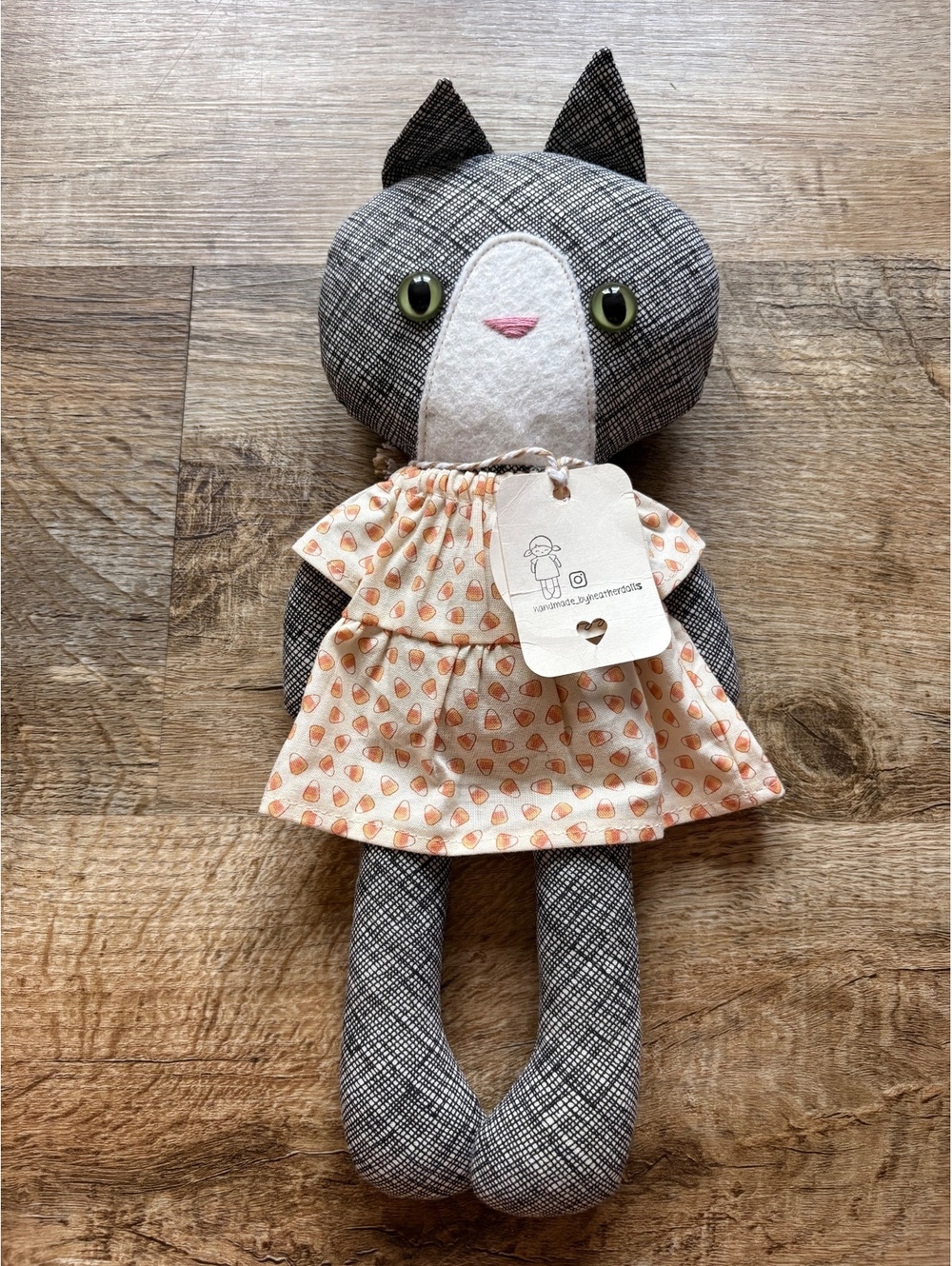 Handmade Gray Cat Doll with Candy Corn Dress